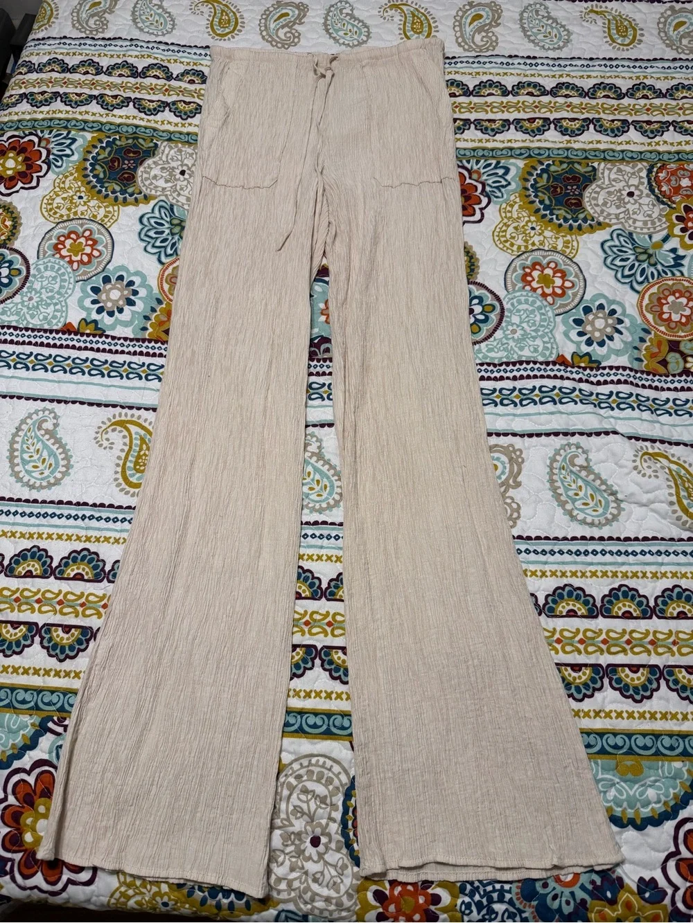 Zara Crinkle Linen-Blend Wide Leg Pants in Light Beige